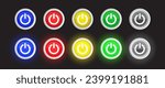 Glowing neon Power button icon isolated on white background. Blue, Red, Yellow, Green and White Color glowing power on or off circle button. Vector Illustration