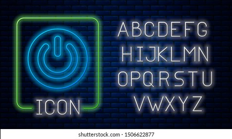 Glowing neon Power button icon isolated on brick wall background. Start sign. Neon light alphabet. Vector Illustration
