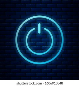 Glowing neon Power button icon isolated on brick wall background. Start sign.  Vector Illustration