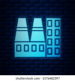 Glowing neon Power station plant and factory icon isolated on brick wall background. Energy industrial concept.  Vector Illustration