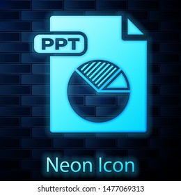 Glowing neon PPT file document. Download ppt button icon isolated on brick wall background. PPT file presentation.  Vector Illustration