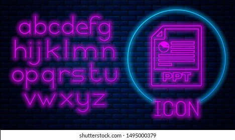 Glowing neon PPT file document. Download ppt button icon isolated on brick wall background. PPT file presentation. Neon light alphabet. Vector Illustration
