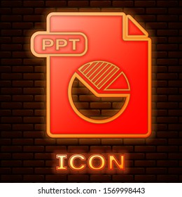 Glowing neon PPT file document. Download ppt button icon isolated on brick wall background. PPT file presentation.  Vector Illustration
