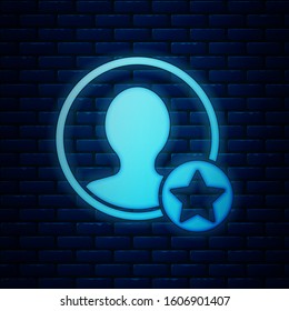 Glowing neon Premium create account screen icon isolated on brick wall background.  Vector Illustration