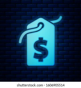 Glowing neon Price tag with dollar icon isolated on brick wall background. Badge for price. Sale with dollar symbol. Promo tag discount.  Vector Illustration