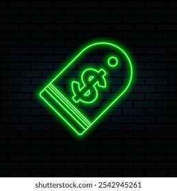 Glowing neon price tag with dollar icon isolated on black background. Badge for the price. Sale with dollar symbol. Promotional sticker discount. Vector.