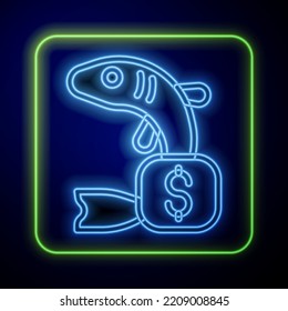 Glowing Neon Price Tag For Fish Icon Isolated On Blue Background.  Vector