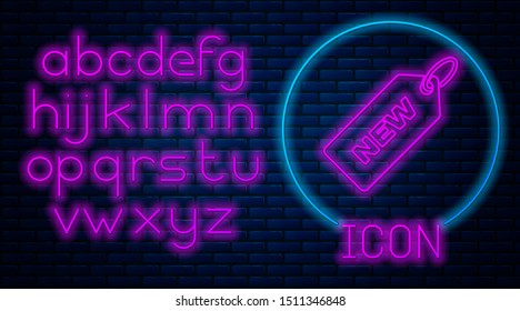 Glowing neon Price tag with an inscription New icon isolated on brick wall background. Badge for price. Promo tag discount. Neon light alphabet. Vector Illustration