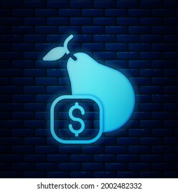 Glowing Neon Price Tag For Pear Icon Isolated On Brick Wall Background.  Vector