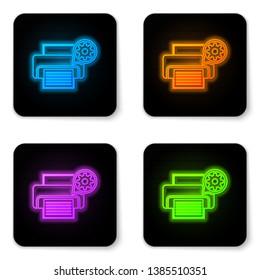 Glowing neon Printer and gear icon isolated on white background. Adjusting app, service concept, setting options, maintenance, repair, fixing. Black square button. Vector Illustration