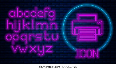 Glowing neon Printer icon isolated on brick wall background. Neon light alphabet. Vector Illustration
