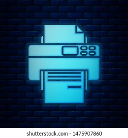 Glowing neon Printer icon isolated on brick wall background.  Vector Illustration