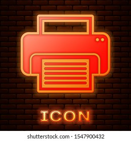 Glowing neon Printer icon isolated on brick wall background.  Vector Illustration