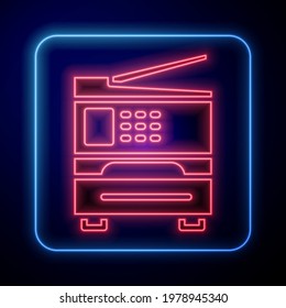 Glowing neon Printer icon isolated on blue background.  Vector Illustration