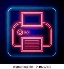 Icono de la impresora de neón brillante aislado en fondo negro.  Vector