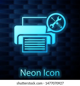 Glowing neon Printer with screwdriver and wrench icon isolated on brick wall background. Adjusting, service, setting, maintenance, repair, fixing.  Vector Illustration