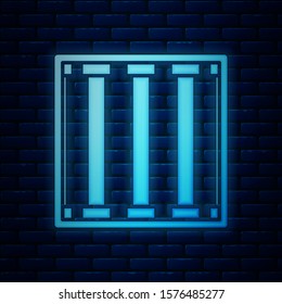 Glowing neon Prison window icon isolated on brick wall background.  Vector Illustration