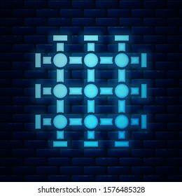 Glowing neon Prison window icon isolated on brick wall background.  Vector Illustration
