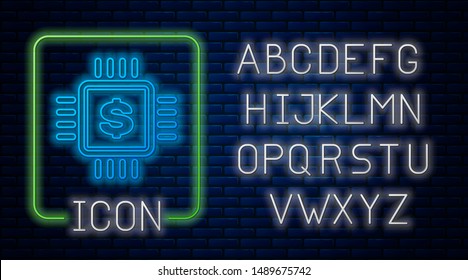 Glowing neon Processor chip with dollar icon isolated on brick wall background. CPU and a dollar sign. Neon light alphabet. Vector Illustration