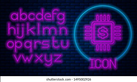Un brillante chip de procesador con un icono de dólar aislado en un fondo de pared de ladrillo. CPU y signo de dólar. Alfabeto claro neón. Ilustración vectorial