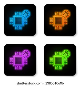 Glowing neon Processor and gear icon isolated on white background. CPU, chip service concept. Adjusting app, setting options, maintenance, repair, fixing. Black square button. Vector Illustration