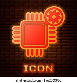 Glowing neon Processor and gear icon isolated on brick wall background. CPU, chip service concept. Adjusting app, setting options, maintenance, repair, fixing.  Vector Illustration