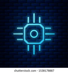 Glowing neon Processor icon isolated on brick wall background. CPU, central processing unit, microchip, microcircuit, computer processor, chip.  Vector Illustration