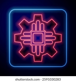 Glowing neon Processor icon isolated on blue background. CPU, central processing unit, microchip, microcircuit, computer processor, chip.  Vector Illustration