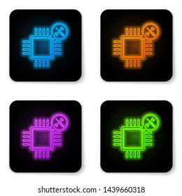 Glowing neon Processor with screwdriver and wrench icon isolated on white background. Adjusting, service, setting, maintenance, repair, fixing. Black square button. Vector Illustration