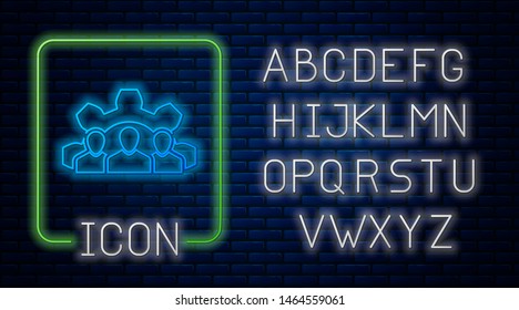Glowing neon Project team base icon isolated on brick wall background. Business analysis and planning, consulting, team work, project management. Neon light alphabet. Vector Illustration