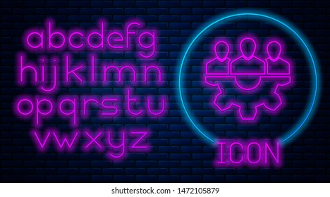 Glowing neon Project team base icon isolated on brick wall background. Business analysis and planning, consulting, team work, project management. Developers. Neon light alphabet. Vector Illustration