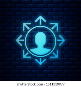 Glowing neon Project team base icon isolated on brick wall background. Business analysis and planning, consulting, team work, project management.  Vector Illustration