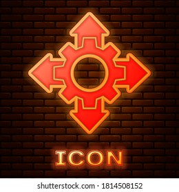 Icono de base del equipo del proyecto de neón brillante aislado en fondo de pared de ladrillo. Análisis y planificación del negocio, consultoría, trabajo en equipo, gestión de proyectos. Vector.
