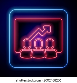 Icono de base del equipo del proyecto de neón brillante aislado en fondo azul. Análisis y planificación del negocio, consultoría, trabajo en equipo, gestión de proyectos.  Vector