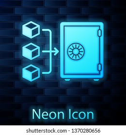 Glowing neon Proof of stake icon isolated on brick wall background. Cryptocurrency economy and finance collection. Vector Illustration