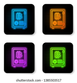 Glowing neon Proof of stake icon isolated on white background. Cryptocurrency economy and finance collection. Black square button. Vector Illustration