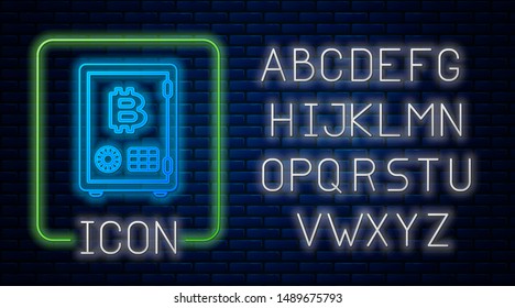 Glowing neon Proof of stake icon isolated on brick wall background. Cryptocurrency economy and finance collection. Neon light alphabet. Vector Illustration