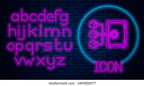 Glowing neon Proof of stake icon isolated on brick wall background. Cryptocurrency economy and finance collection. Neon light alphabet. Vector Illustration