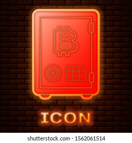 Glowing neon Proof of stake icon isolated on brick wall background. Cryptocurrency economy and finance collection.  Vector Illustration