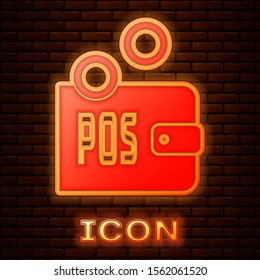 Glowing neon Proof of stake icon isolated on brick wall background. Cryptocurrency economy and finance collection.  Vector Illustration
