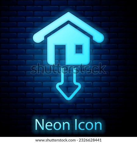 Glowing neon Property and housing market collapse icon isolated on brick wall background. Falling property prices. Real estate stock risk or economic recession.  Vector