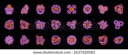 Glowing neon protists icons illustrate various types of single celled eukaryotic microorganisms, highlighting their diverse forms and structures
