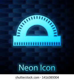 Glowing neon Protractor grid for measuring degrees icon isolated on brick wall background. Tilt angle meter. Measuring tool. Geometric symbol.  Vector Illustration
