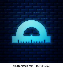Glowing neon Protractor grid for measuring degrees icon isolated on brick wall background. Tilt angle meter. Measuring tool. Geometric symbol.  Vector Illustration