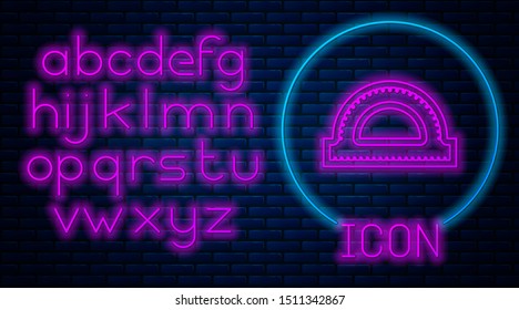Glowing neon Protractor grid for measuring degrees icon isolated on brick wall background. Tilt angle meter. Measuring tool. Geometric symbol. Neon light alphabet. Vector Illustration