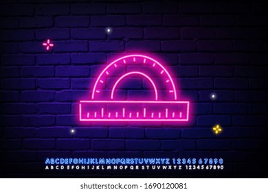 Leuchtendes Neon-Protractor-Raster zum Messen von Grad-Symbol einzeln auf blauem Hintergrund. Neigungswinkelmesser. Messwerkzeug. Geometrisches Symbol. Vektorillustration-Illustration