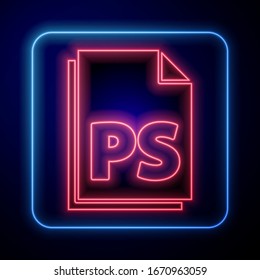 Glowing neon PS File document icon isolated on blue background.  Vector Illustration