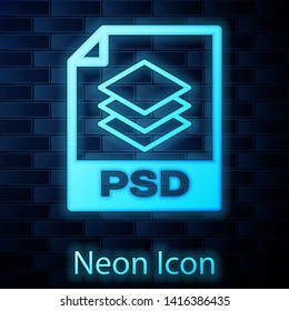 Glowing neon PSD file document icon. Download psd button icon isolated on brick wall background. PSD file symbol. Vector Illustration