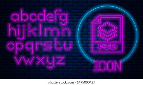 Glowing neon PSD file document. Download psd button icon isolated on brick wall background. PSD file symbol. Neon light alphabet. Vector Illustration