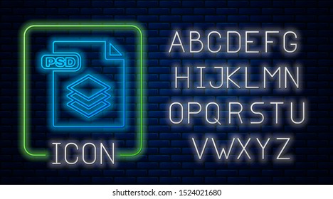 Glowing neon PSD file document. Download psd button icon isolated on brick wall background. PSD file symbol. Neon light alphabet. Vector Illustration